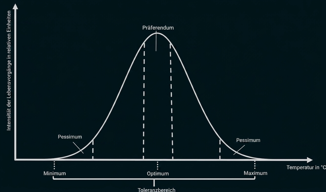 Diagramm zur Temperaturtoleranz mit Minimum, Optimum, Maximum und Pessimum.